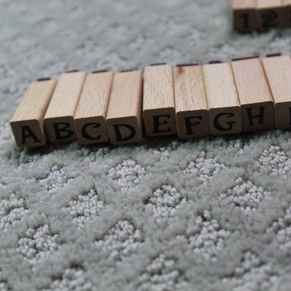 Lot of 34 Preowned Wood Mounted Alphabet & Number Stamps - Missing Letter "V"